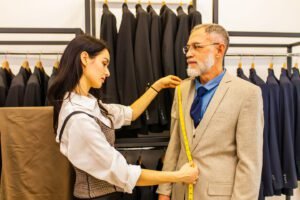 a professional tailor woman trying on a tailor-made suit for an elderly man.