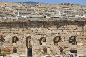 Amphitheatre ruins in Hierapolis archeology site. Pamukkale. Anatolia, Turkey