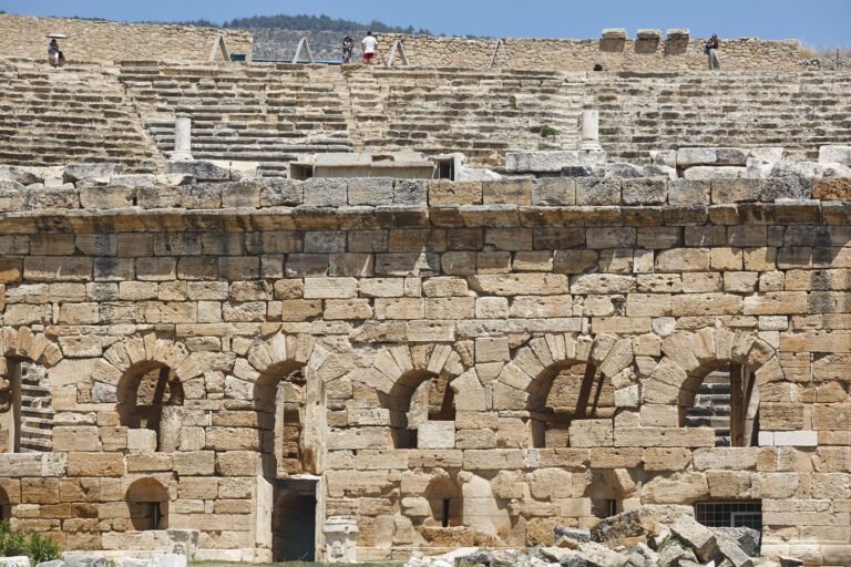 Amphitheatre ruins in Hierapolis archeology site. Pamukkale