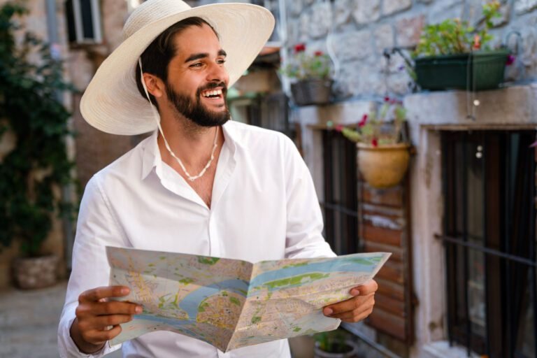 Happy young tourist man having fun and travelling on summer vacation