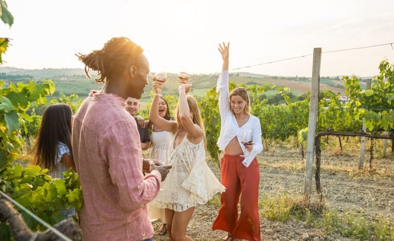 Multiracial friends dancing at summer party inside vineyards - H