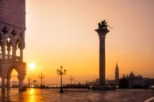 Scenic view of Piazza San Marco in Venice at sunrise, Italy